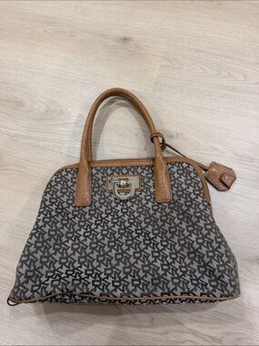 Vintage DKNY Designer Monogram Satchel Bag in Brown and Tan